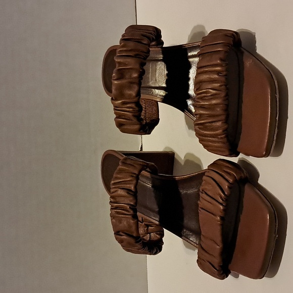 Staud Brown Frankie Ruched Sandals Heeled Block Heel Two Strap Preowned - Picture 3 of 10